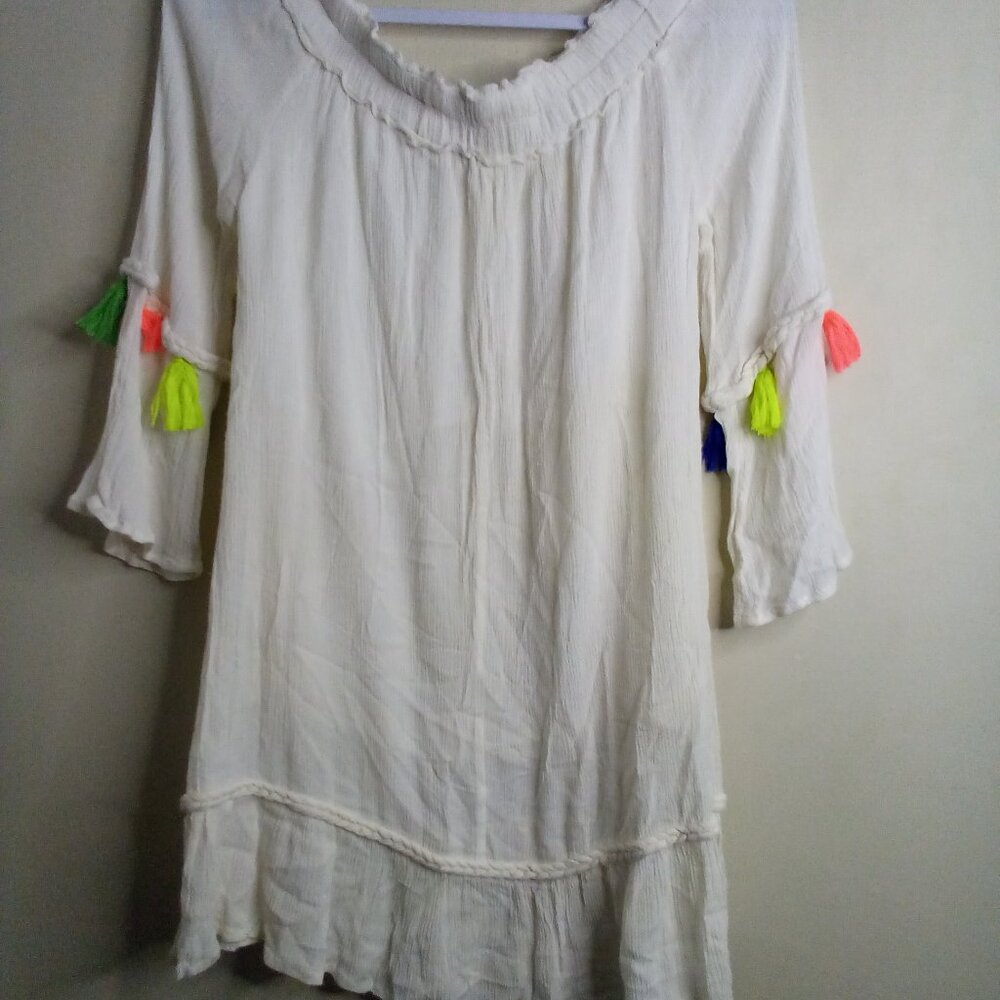 True Destiny Dress Women M Short Boho Feminine Colorful Tassels Cream - Picture 12 of 16